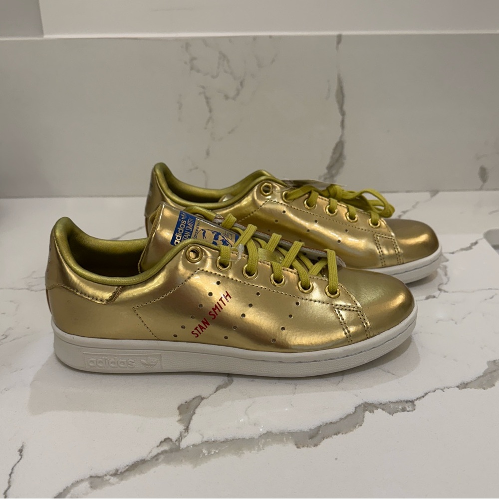 Adidas Gold Stan Smith Sneakers with Yellow Laces NWT